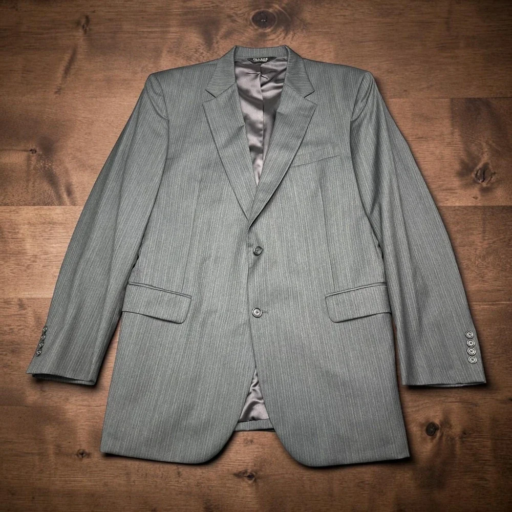 Jos A Bank Mens Suit 44L 2Pcs W38xL33 100% Wool Grey Pinstripe Business Formals